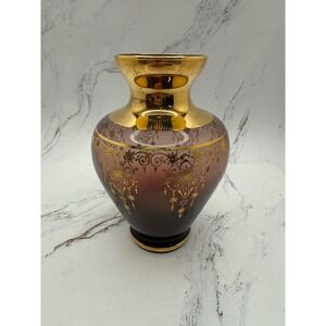 Vintage Vecchia Amethyst 24k Gold Overlay Glass Bud Vase Italy Approx 4.5" Tall